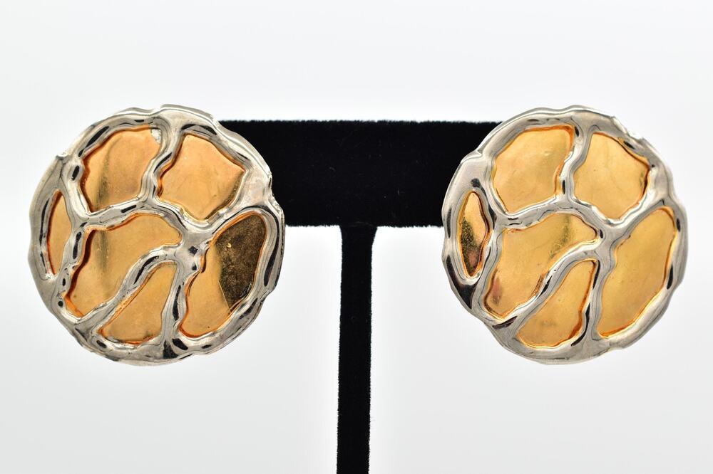 Vintage Brutalist Round Earrings Mixed Metal Gold Silver Heavy Chunky 80s BinBF